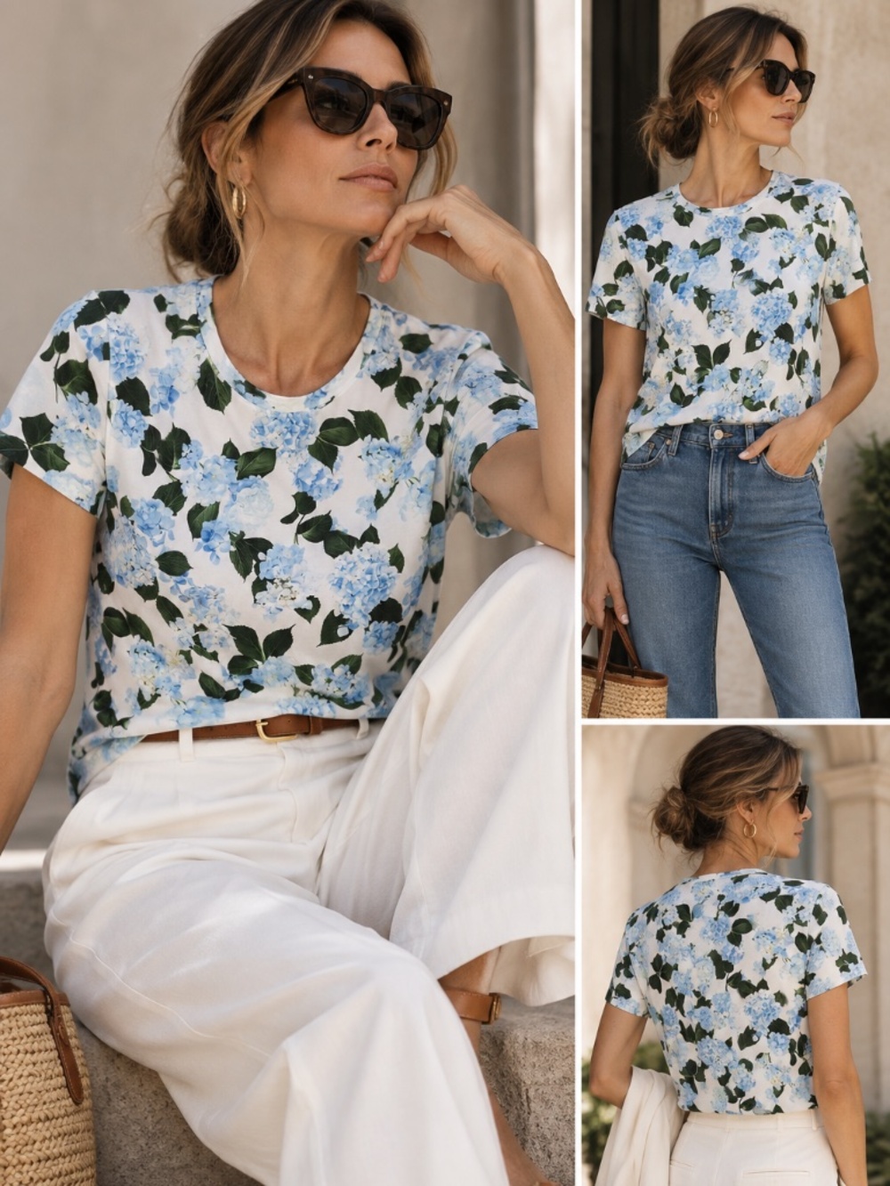 L’AGENCE Hydrangea Floral Rayon Stretch Tee XL Made in USA